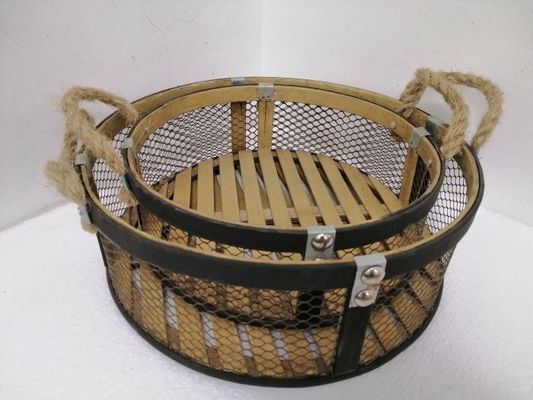 12.8 Inch Bamboo And Metal Food Storage Basket With Rope Handle Tray