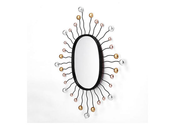 Oval Shaped Mirror Wall Decor Black Metal Frame Dotted With Gold And Silver Color