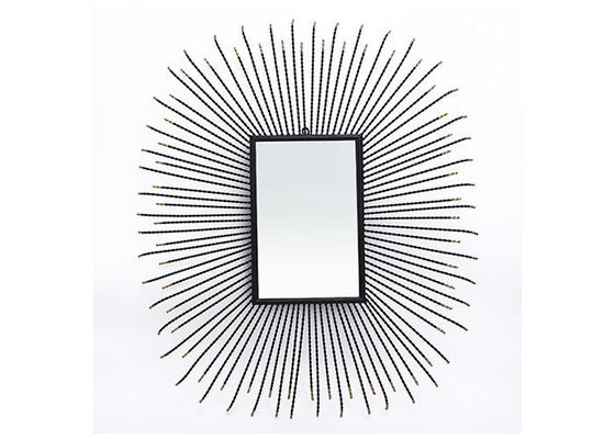 Metal Square Sunburst Wall Mirror Black Frame Dotted With Gold Color For Wall Decoration