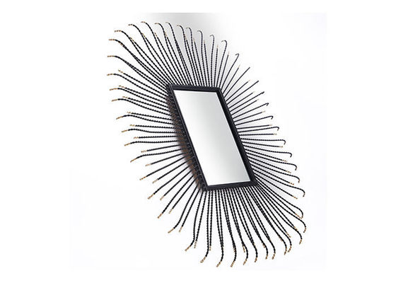 Metal Square Sunburst Wall Mirror Black Frame Dotted With Gold Color For Wall Decoration