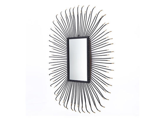 Metal Square Sunburst Wall Mirror Black Frame Dotted With Gold Color For Wall Decoration