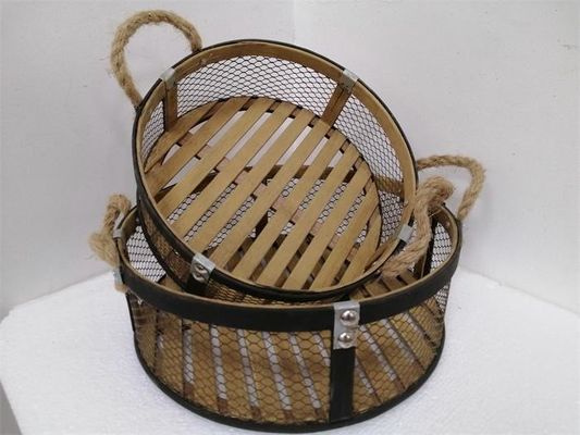 12.8 Inch Bamboo And Metal Food Storage Basket With Rope Handle Tray